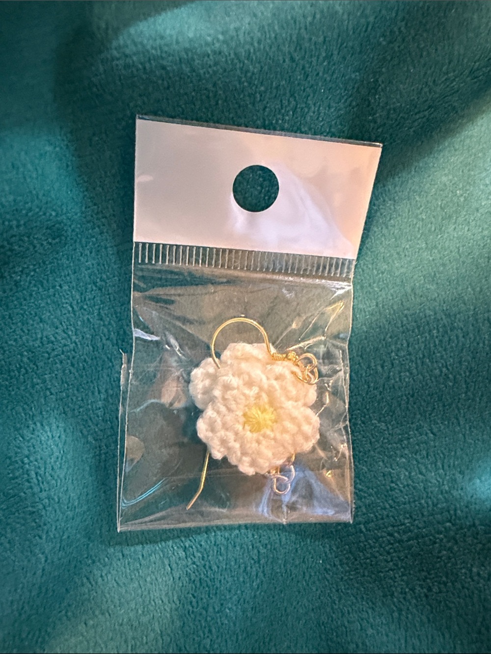 Handwoven White Crochet Flower Earrings with Yellow Center - Gold Hooks